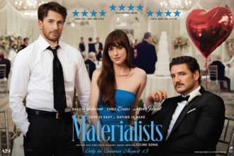 Dakota Johnson, Pedro Pascal y Chris Evans en la película Materialists.
