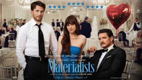 Dakota Johnson, Pedro Pascal y Chris Evans en la película Materialists.