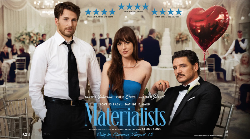 Dakota Johnson, Pedro Pascal y Chris Evans en la película Materialists.